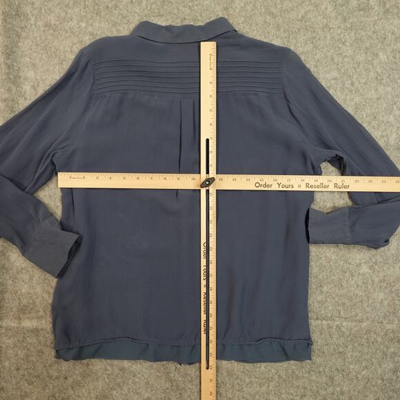 Tory Burch Top Womens 12 Silk Button Front Pintuck Chiffon Harbor Blue Long Slv - Picture 9 of 12